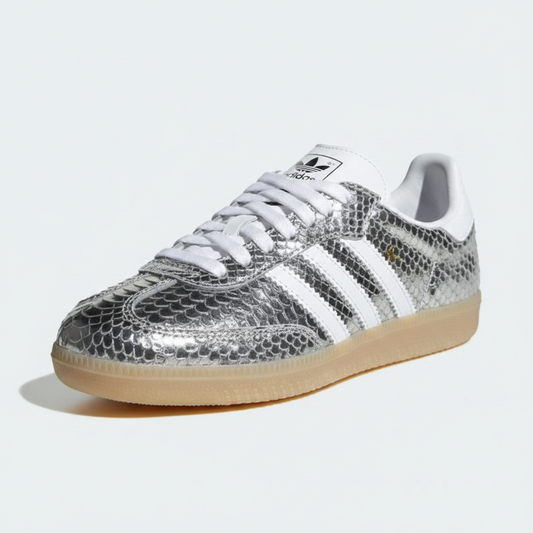 Adidas Samba silver metallic snakeskin front angle