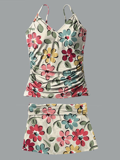 V-Neck Retro Flowers Art Print Halterneck Pleated Tankini Set Swimsuit