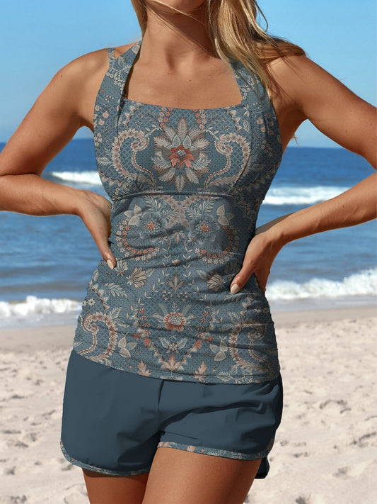 Dark Blue Prismatic Shade Flowers Print Halter Patchwork Mid Waisted Tankini Short Set Swimsuit