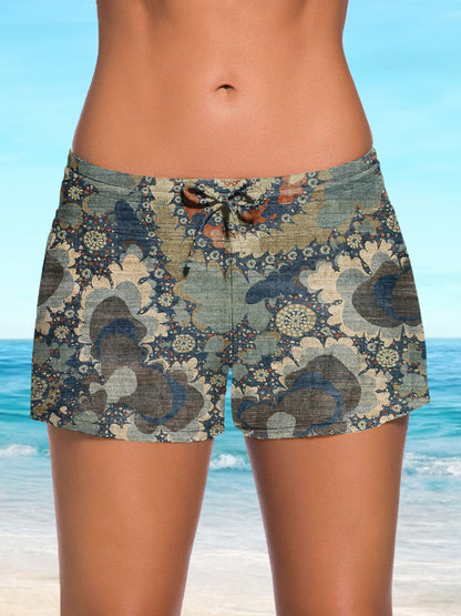 Dark Blue Circular Diffusion Pattern Print Mid Waist Drawstring Detail Swimming Shorts Swimsuit