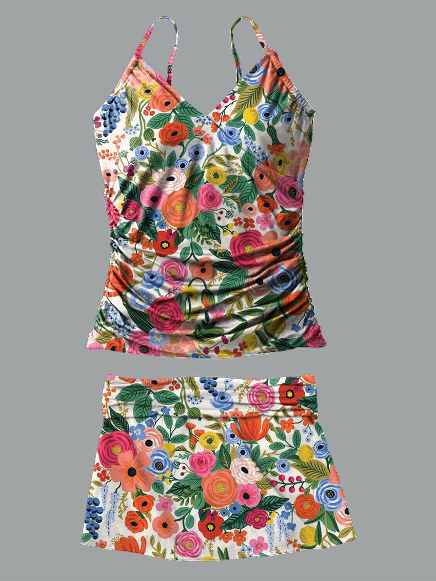 Women’s V-neck Floral Print Suspender Skirt Tankini Set Swimsuit