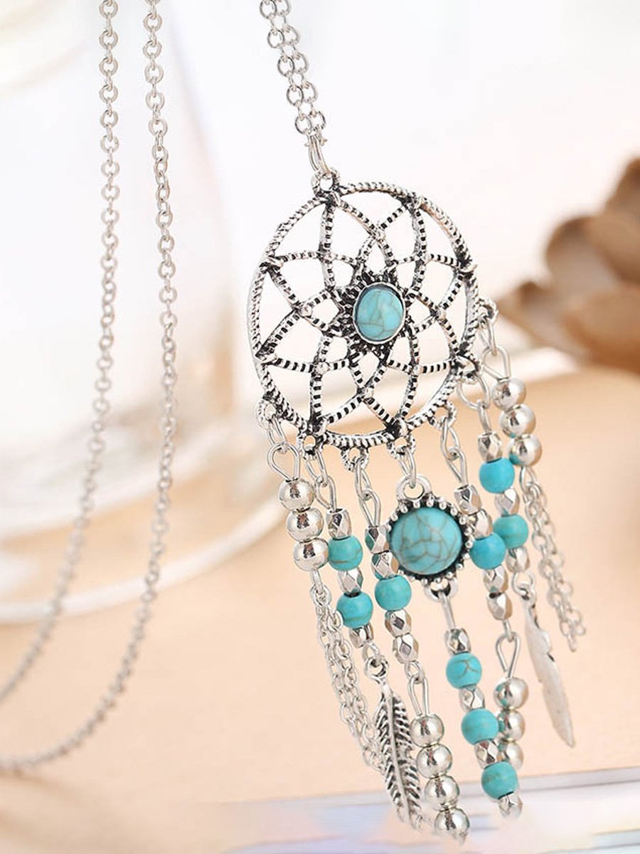 European and American Ethnic Style Dream Catcher Feather Turquoise Metal Leaf Tassel Long Necklace