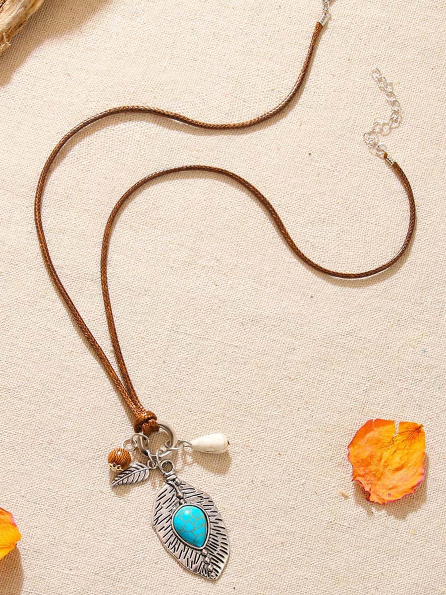 Turquoise Pendant Bohemian Jewelry Wax Rope Necklace