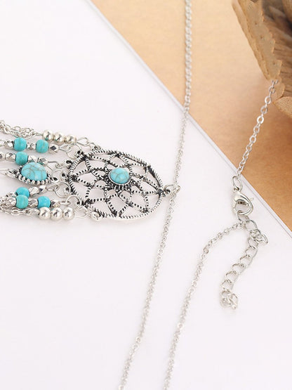 European and American Ethnic Style Dream Catcher Feather Turquoise Metal Leaf Tassel Long Necklace