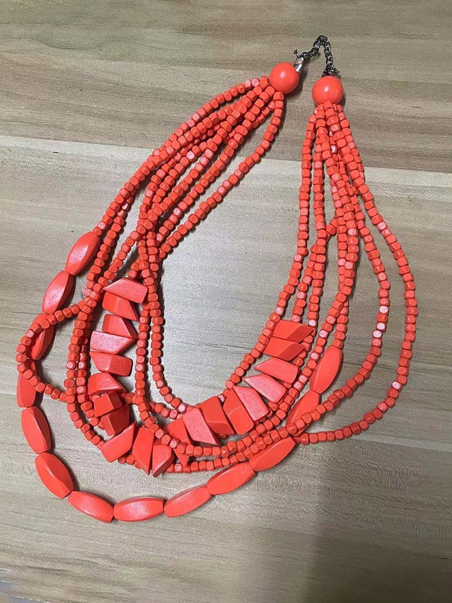 Wooden Multi-Layer Beaded Long Necklace Women's Bohemian African Style Necklace Sweater Chain