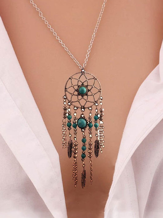 European and American Ethnic Style Dream Catcher Feather Turquoise Metal Leaf Tassel Long Necklace