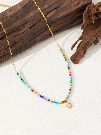 Boho Rice Beads Stainless Steel Shell Pendant Necklace