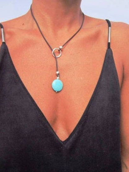 Bohemian Hollow Flower Clavicle Chain European And American Turquoise Leather Rope Y-shaped Collar