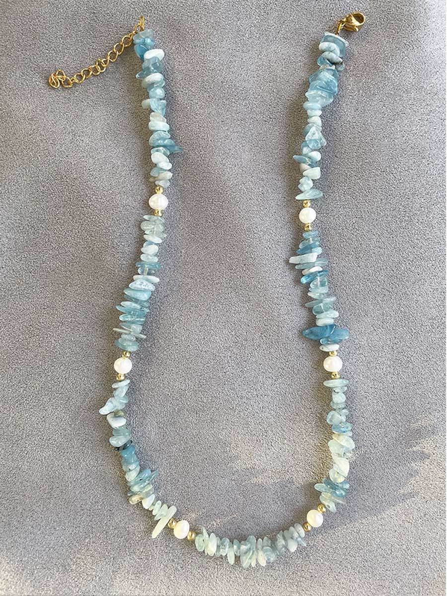 Women's Bohemian Aquamarine Gravel Pearl Patchwork Necklace