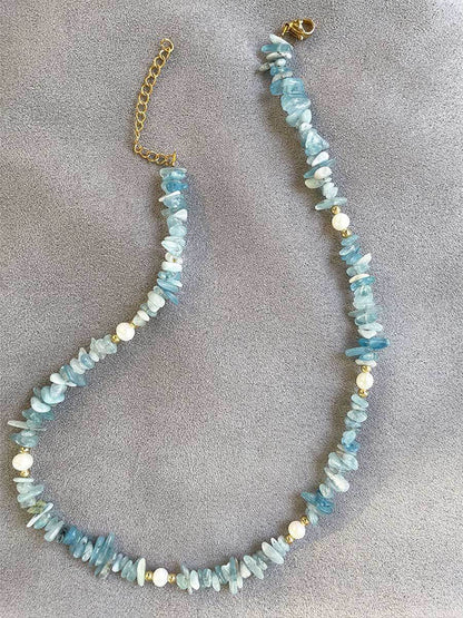 Women's Bohemian Aquamarine Gravel Pearl Patchwork Necklace