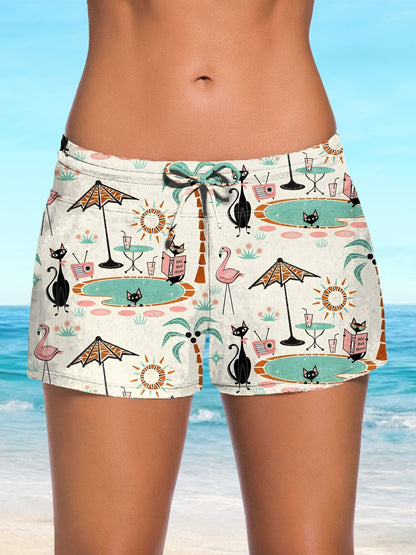 Vacation Black Cat Palm Tree Art Print Print Mid Waist Drawstring Detail Swimming Shorts Swimsuit